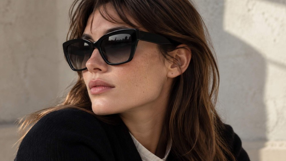 occhiali da sole neri con lenti grigio scuro e montatura spessa linea Bernabei modella