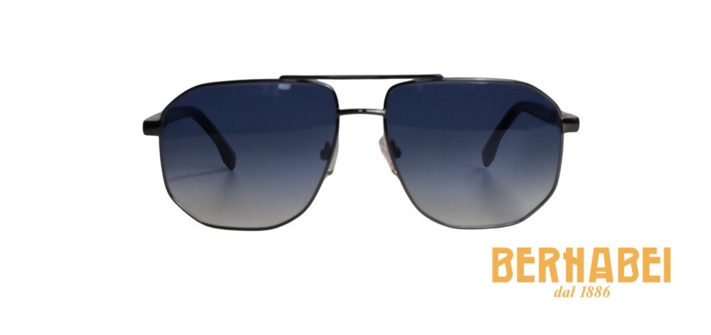Occhiali da sole in metallo colore gun metal, modello da sole della linea Bernabei, calibro 59, lenti grigio blu sfumato.