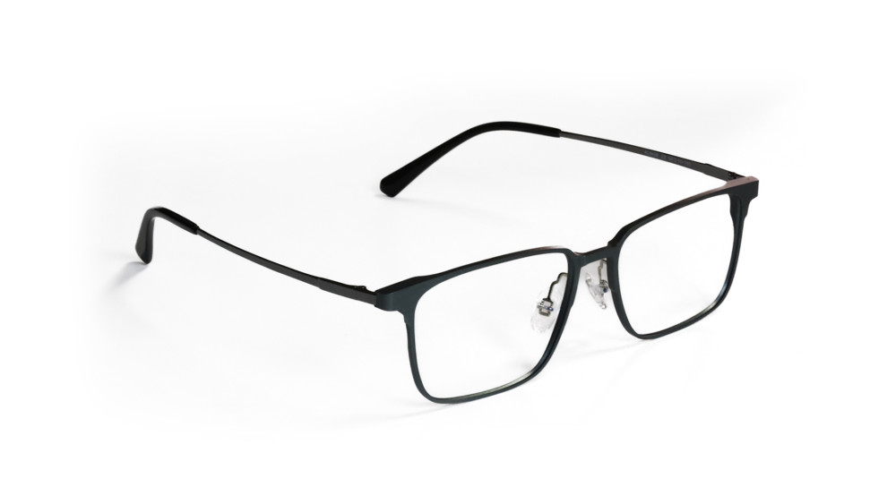 occhiali da vista blu metallizzati con clip da sole removibili