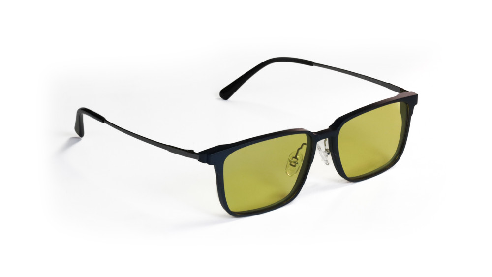 occhiali da vista blu metallizzati con clip da sole removibili lenti gialle