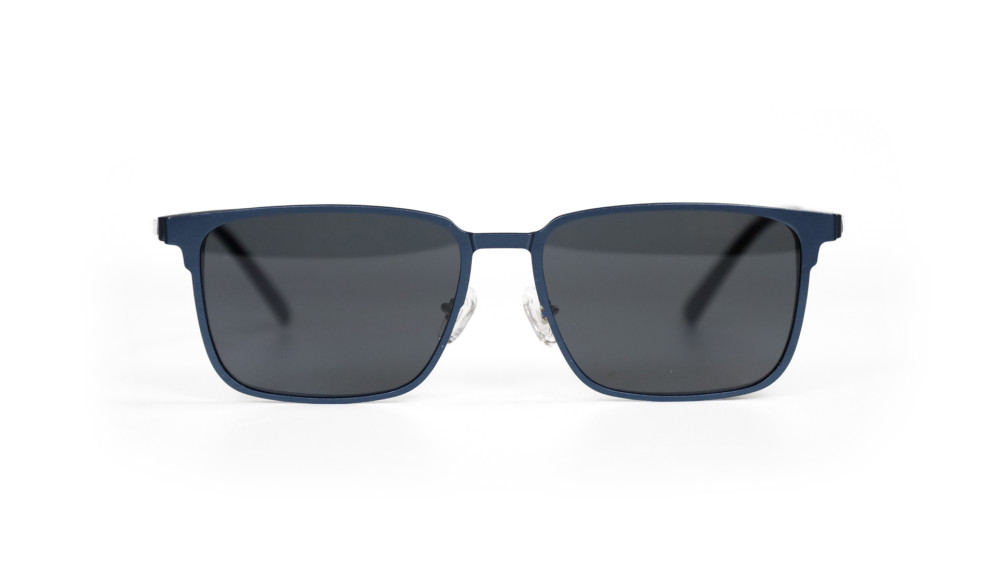 occhiali da vista blu metallizzati con clip da sole grigio scuro