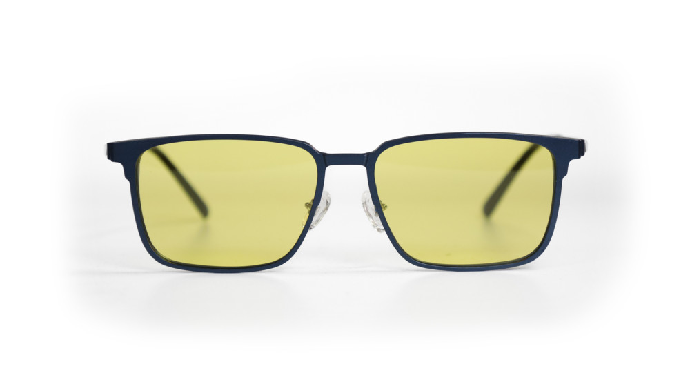 occhiali da vista blu metallizzati con clip da sole gialle